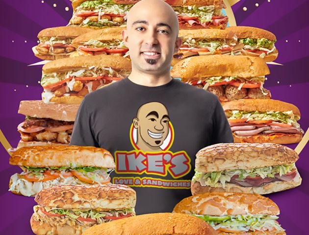 sandwich franchise Ike's founder surrounded by sandwiches