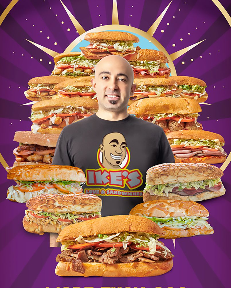sandwich franchise Ike's founder surrounded by sandwiches