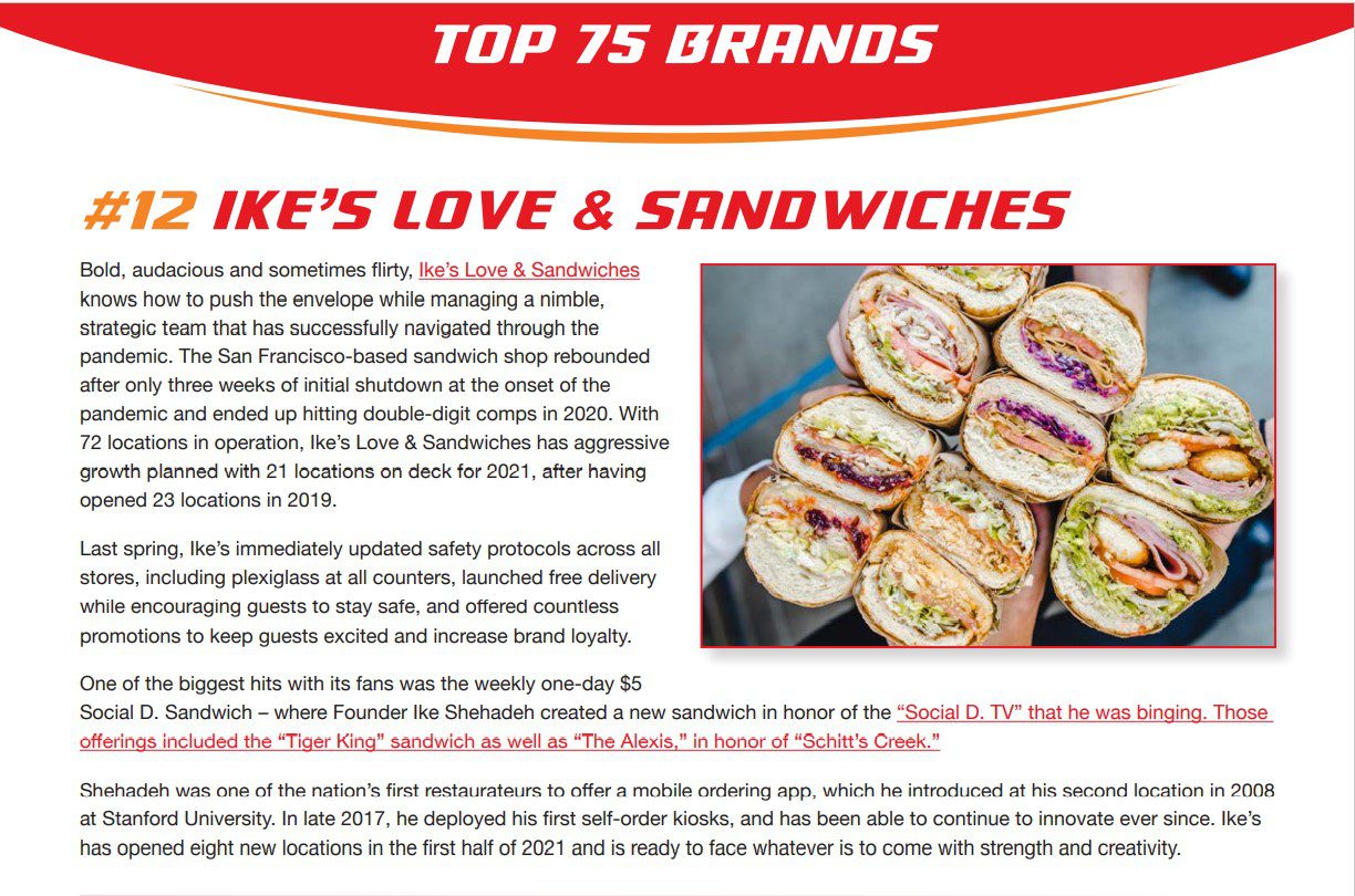 Ike’s Love & Sandwiches #12 Fast Casual Top 100 Movers & Shakers 2021