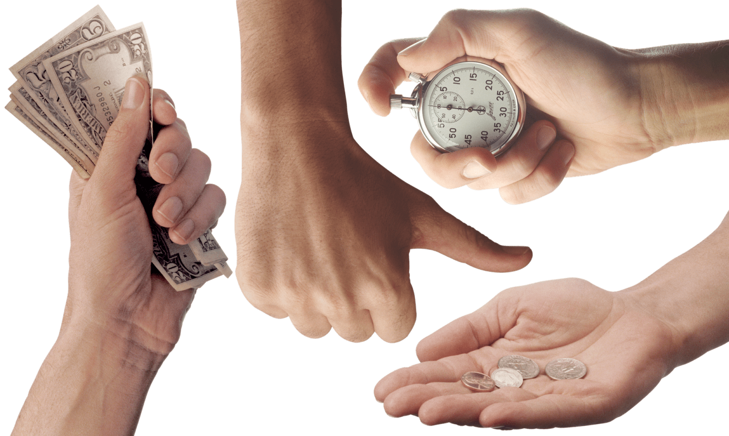 A hand doing a thumbs up, a hand holding coins and another hand holding a stopwatch