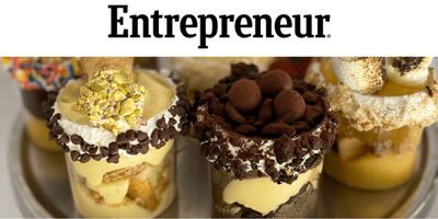 Tasty looking treats in glasses with the word Entrepreneur above in black letters
