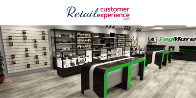 Retail customer experience above a green and black PayMore counter, large glass shelves against the wall