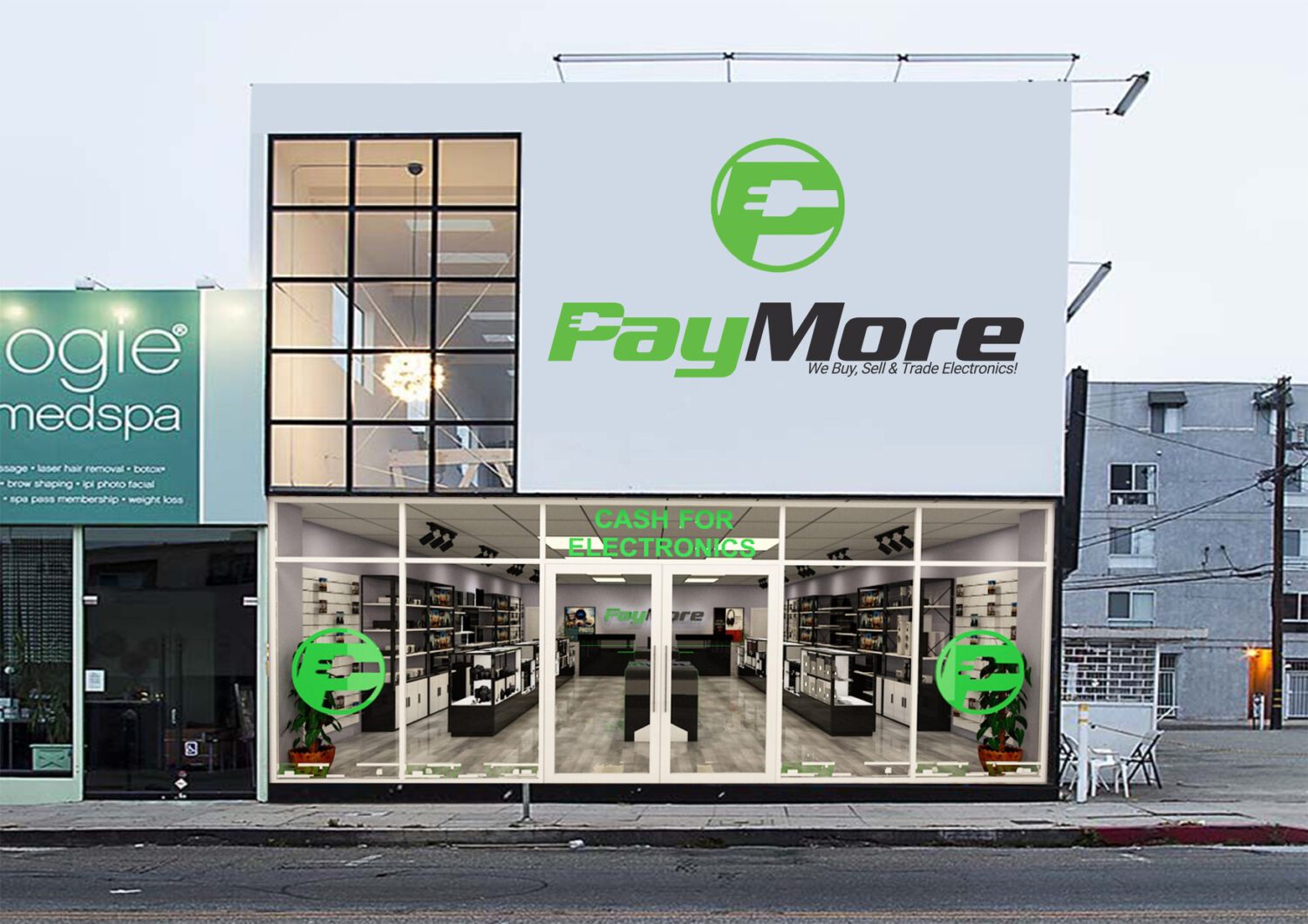 A PayMore storefront with glass door and windows  