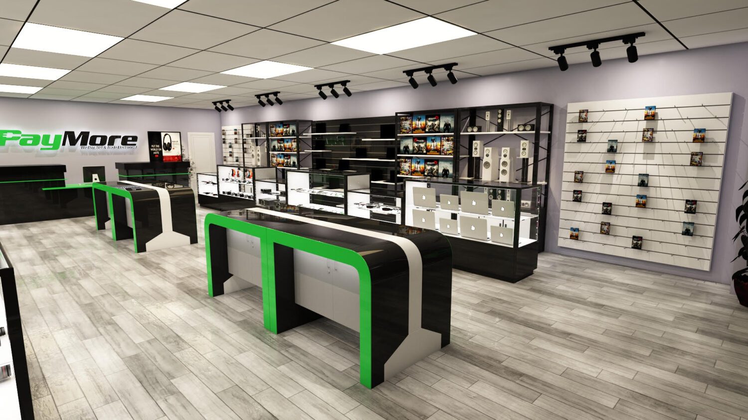 PayMore store with a green and black counter, glass shelves line the wall