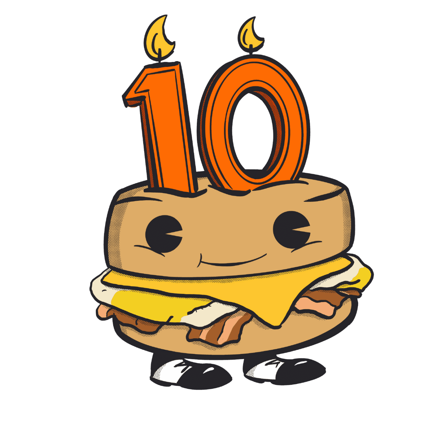 Illustration of a walking biscuit sandwich with candles in the number 10 on head