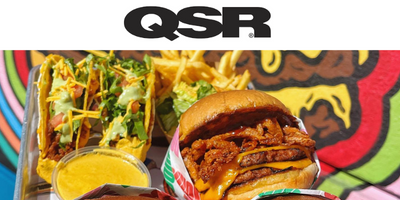 Bold lettering with the letters QSR above a burger and some tacos