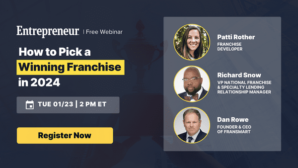 Entrepreneur webinar panel with headshots and text: How to Pick a Winning Franchise in 2024" with Dan Rowe